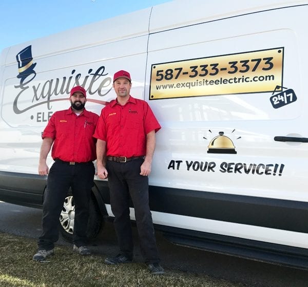 Image of Exquisite Electric Residential and Commercial Electricians Bryan and Dustin in front of an electrical service van