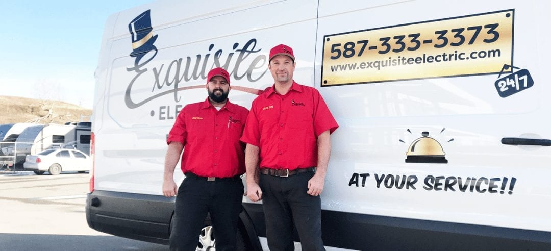 Exquisite-Electric-Residential-and-Commercial-Electricians-Bryan-and-Dustin Image of Exquisite Electric Residential and Commercial Electricians Bryan and Dustin in front of an electrical service van